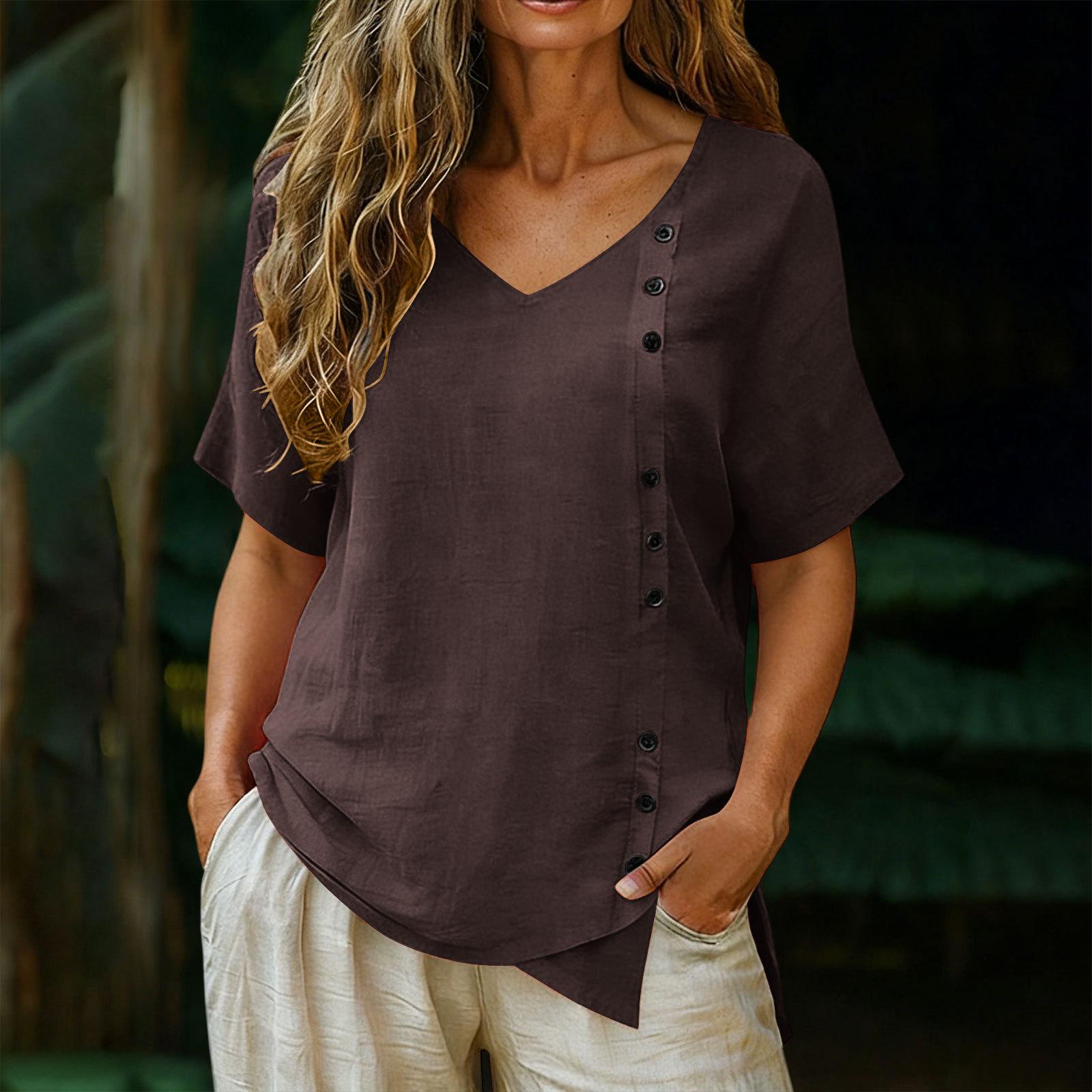 

Women s V-neck Cotton And Linen Buttoned Short-sleeved T-shirt Top S коричневий