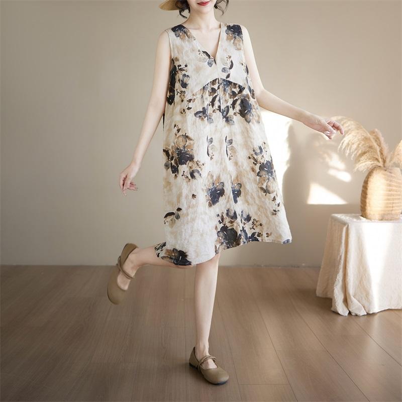 Sleeveless Plus Size Cotton Vintage Floral New In Dresses for Women Casual Loose Midi Summer Dress