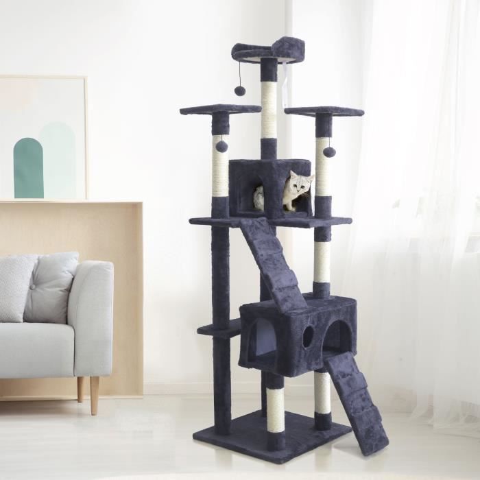 BILLY Dark Grey Cat Tree 50 X 50 X 170 Cm - 5 Platforms, 2 Stairs, 2 Dens, Scratching Posts
