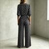 Women's Polka Dot Jumpsuit Casual Vacation One Piece Outfit Wide Leg Elastic Waist 3/4 Sleeve V Neck Button Front