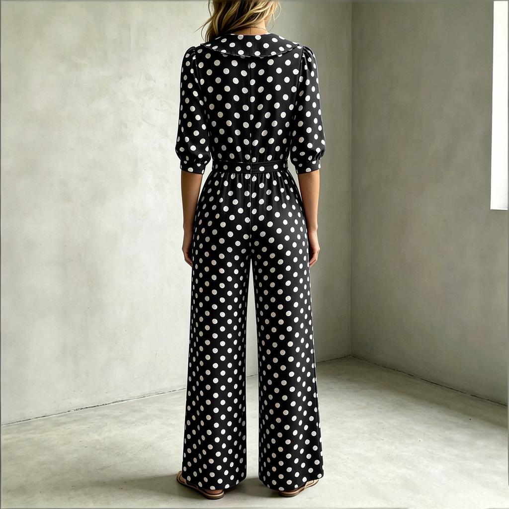 Women's Polka Dot Jumpsuit Casual Vacation One Piece Outfit Wide Leg Elastic Waist 3/4 Sleeve V Neck Button Front