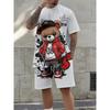 Men's Summer Fashion Teddy Bear Print Soft and Breathable Round Neck T-shirt Shorts Set Outdoor Casual Wear