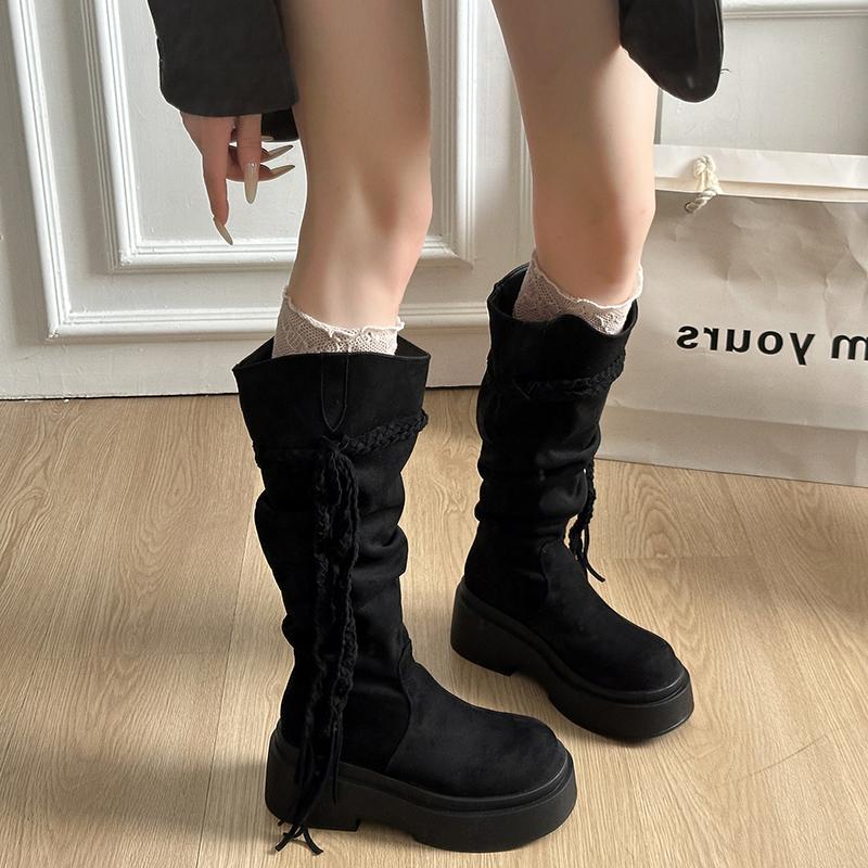 Platform Thick Heel Women Western High Boots Designer Tassel Slip On Shoes Autumn Winter Ladies Punk Vintage Long Booties