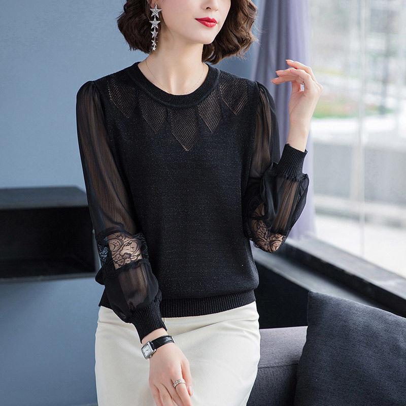 Round Neck Patchwork Yarn Sleeve Hollow Knit Sweater Top Long Sleeved Sweater Women's Base Sweater