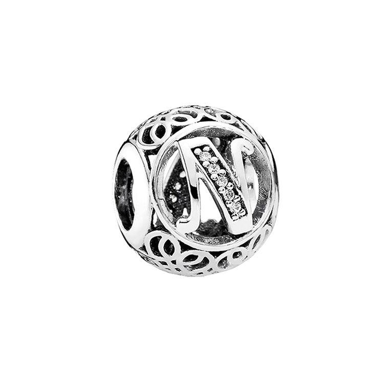 Pandora Vintage Letter N Zirconia Charm Unisex Charm Silver 791858CZ Box,Silver