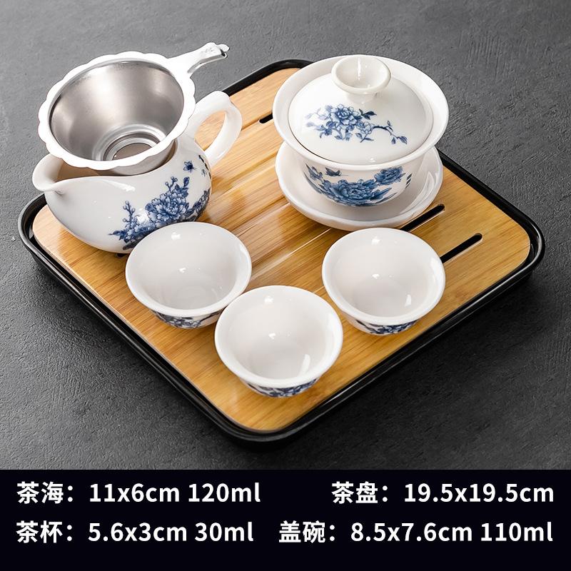 Household Kung Fu Tea Set, 1 Cover Bowl, 3 Cups with Dry Tray, Tea Making and Reception Ceramic Cup Set