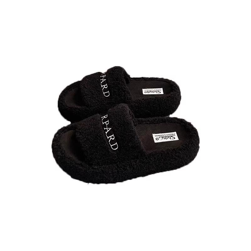 Internet celebrity one-word fluffy slippers women's autumn 2025 new popular versatile thick bottom heightening plush cotton drag outside wear