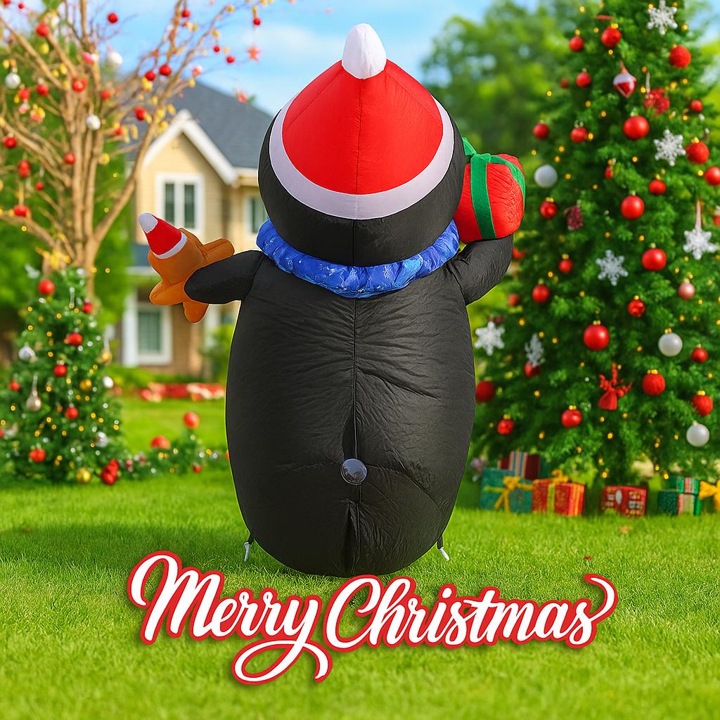 3.44FT Yard Lawn Party Decoration Inflatable Penguin Box Gift Gingerbread Man Toy LED Light Xmas Home Ornament Christmas Gifts