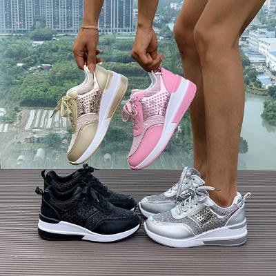 Women's Thick Soled Sports Shoes Breathable Sequins Round Toe Casual Sports Shoes Plus Size Lace Up Shoes 36-43