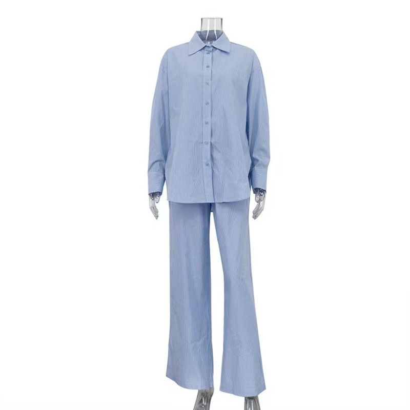 

Fashion Style New Arrival Fashion Loose Stripes Shirt Pants Suit Loose Shirt and Pants Set Blue L