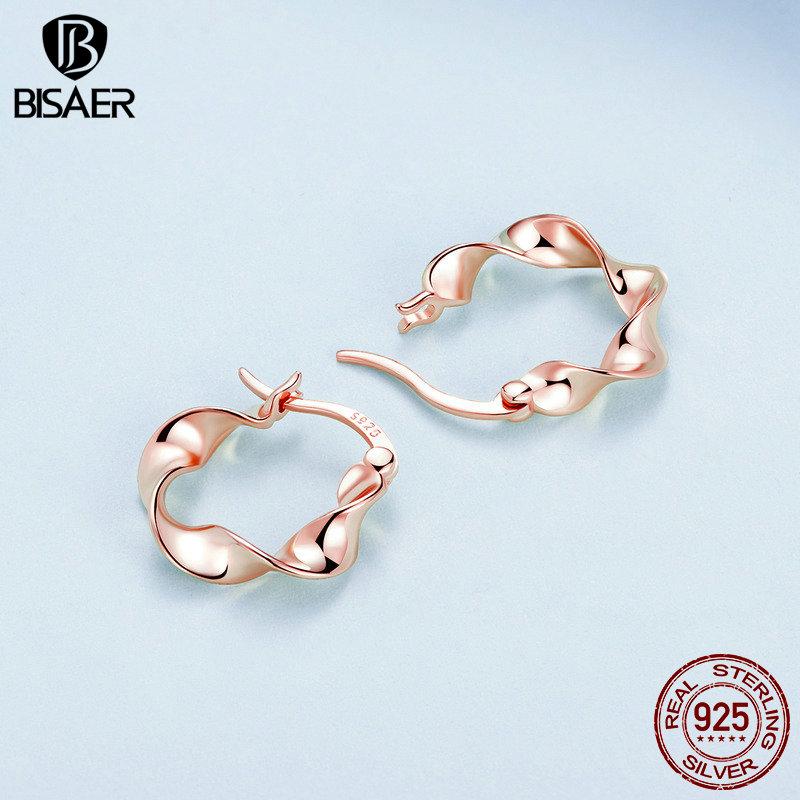 Bisaer 925 Sterling Silver High Gloss Twisted Stud Earrings For Women Lovely Girl Birthday Gift Holiday Party Jewelry