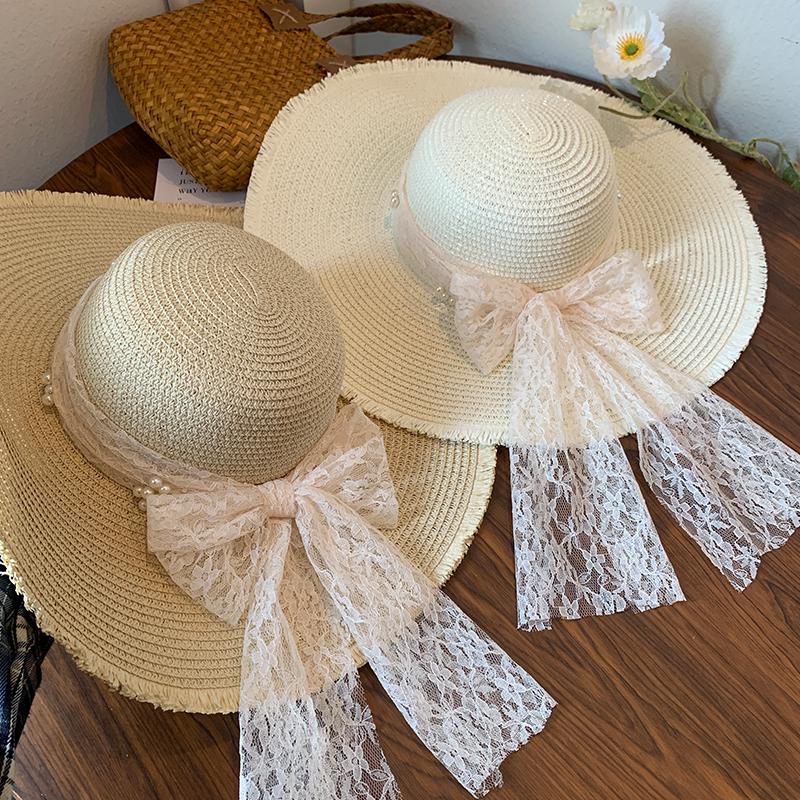 Women's Summer French Style Lace Bowknot Straw Hat Wide Brim Sun Protection Hat Beach Vacation Sun Hat Fashionable Headwear for Seaside Trips