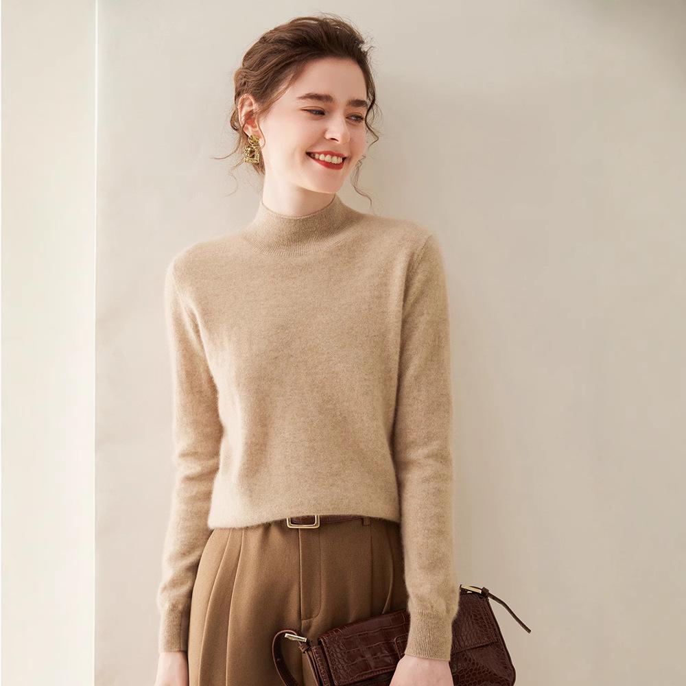 Women's Half-High Neck Cashmere Sweater - Solid Color Inner Layer Pullover