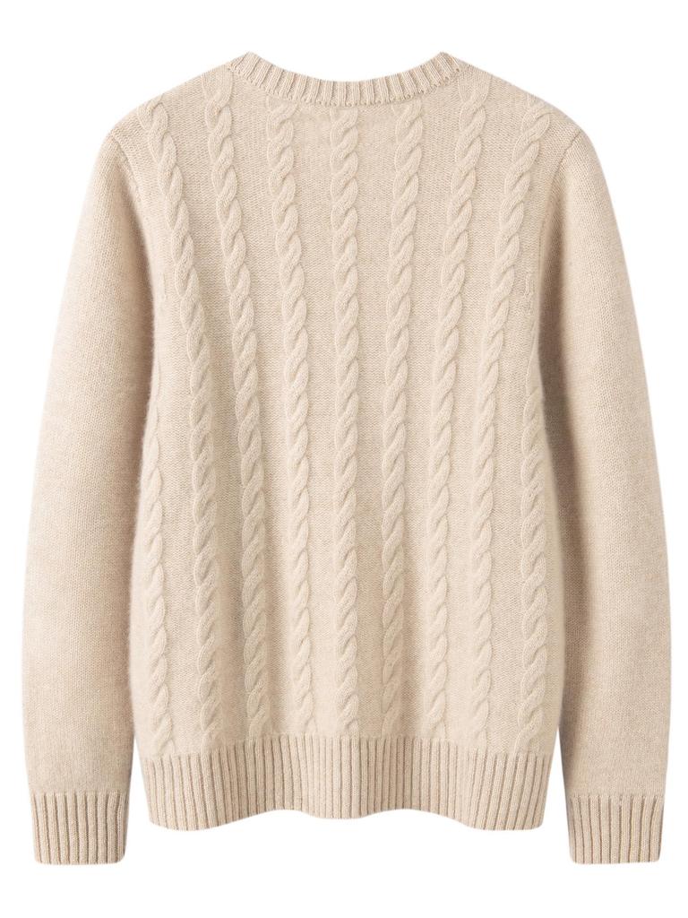 Double-Line Lace-Up Cashmere Sweater: Women's Thickened Loose-Fit, Round-Neck Cable Knit for Autumn/Winter.