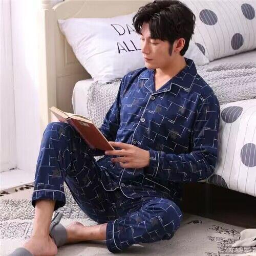 Men's Pajamas 100% Cotton Spring and Autumn Cotton Youth Winter Loungewear Long-sleeved Pajamas Set