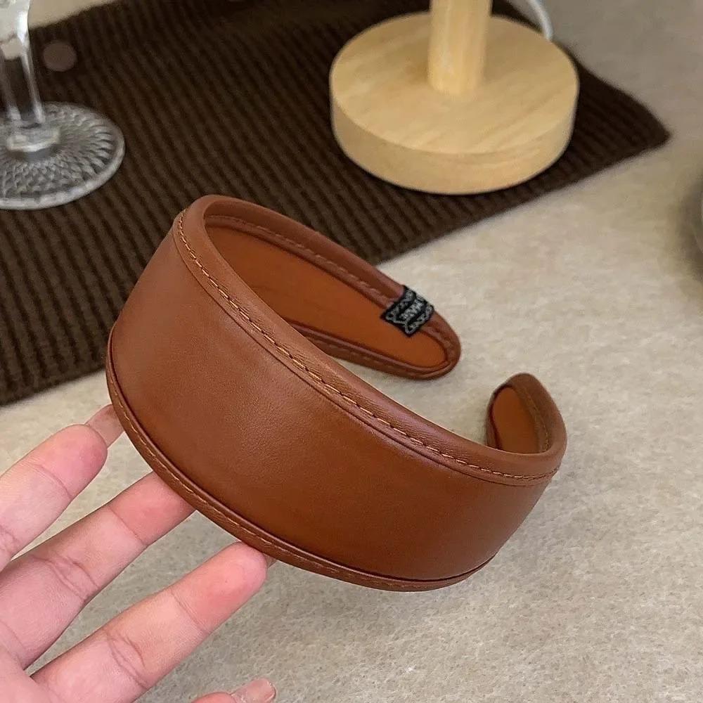 Solid Color Wide Turbans Retro Women Hoop Headband PU Leather Hairbands Women Hair Accessories