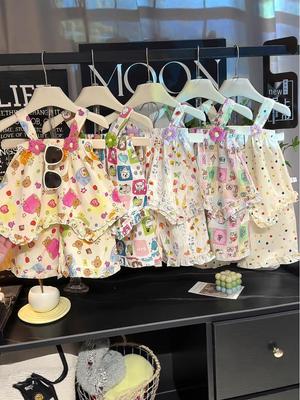 Korean Style Floral Spaghetti Strap Two-Piece Set for Girls - Cotton Silk, Breathable Summer Wear