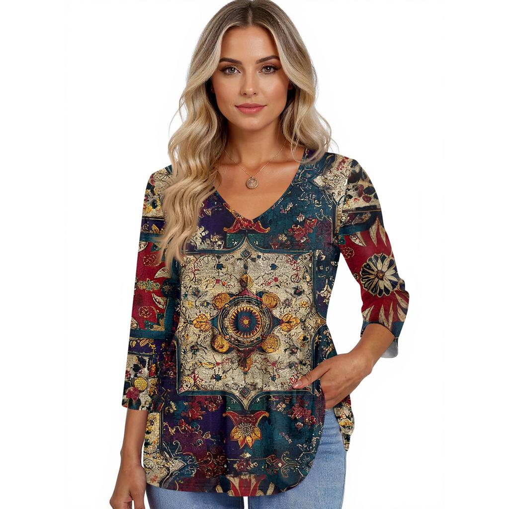 Women's T Shirt Print 3/4 Sleeve Fashion Basic V- Neck Regular Top