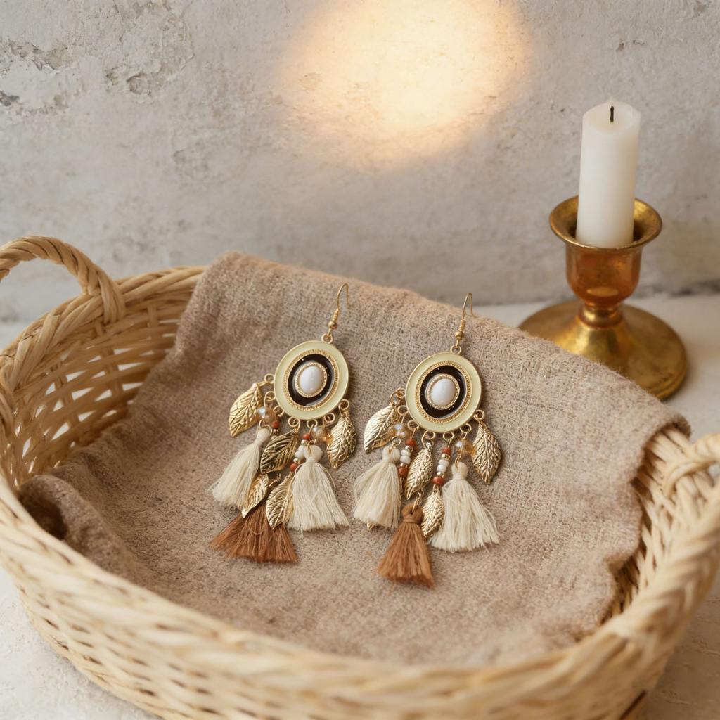 Bohemian long tassel earrings, women's high-end vacation style, personality exaggerated earrings, retro ethnic style earrings