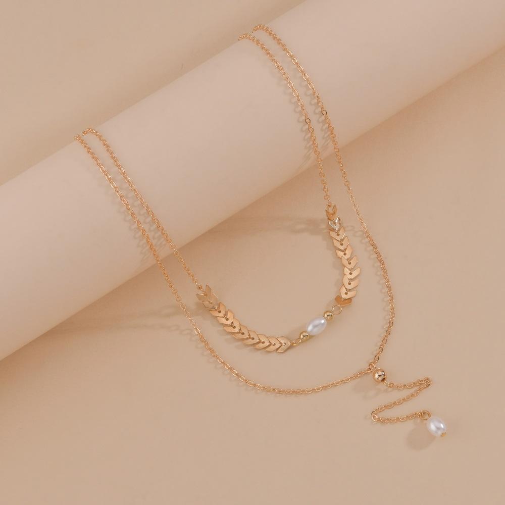 Personalized leaf pearl multi-layer pendant necklace, metal women's necklace