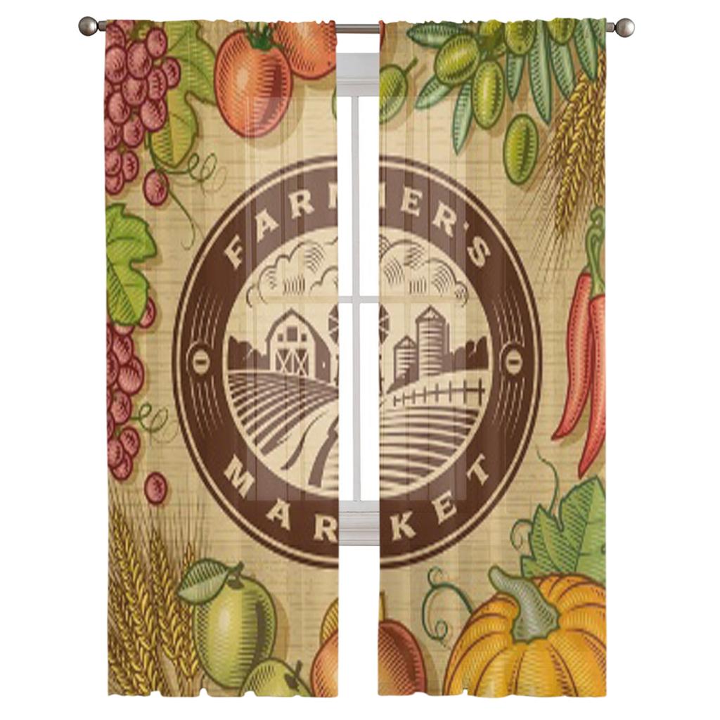 Tende Trasparenti Vintage con Etichetta Mercato Contadino per Soggiorno Tenda Trasparente in Tulle per Finestra Decorazione Camera da Letto Cucina Velo Drappeggi