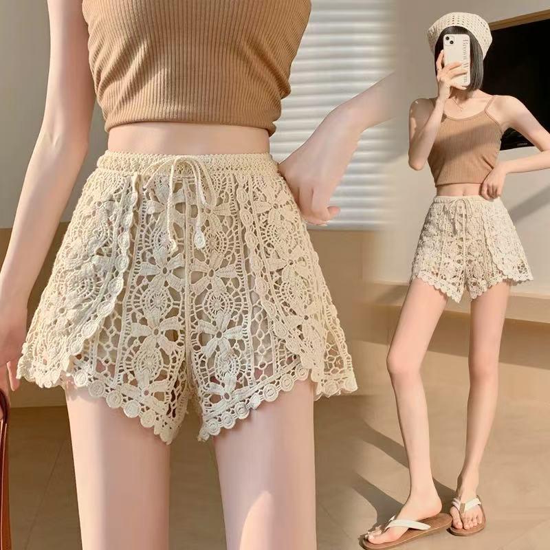 Women's Lace Hollow-Out A-Line High Waist Wide-Leg Three-Quarter Sports Shorts - Summer Anti-Exposure Style