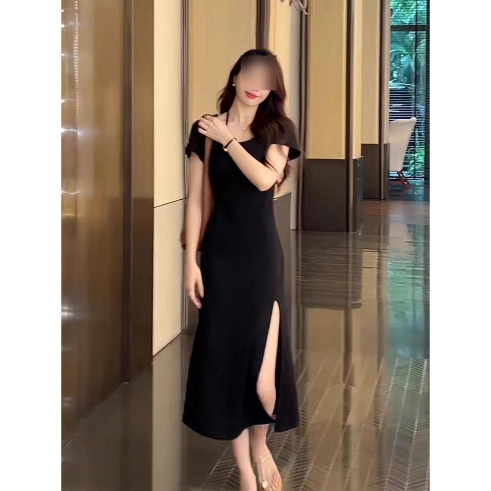 Split Fork Long Hepburn Little Black Dress Niche Show Figure Little Mother Hip Wrap Long Dress Black High Cold Dress Summer