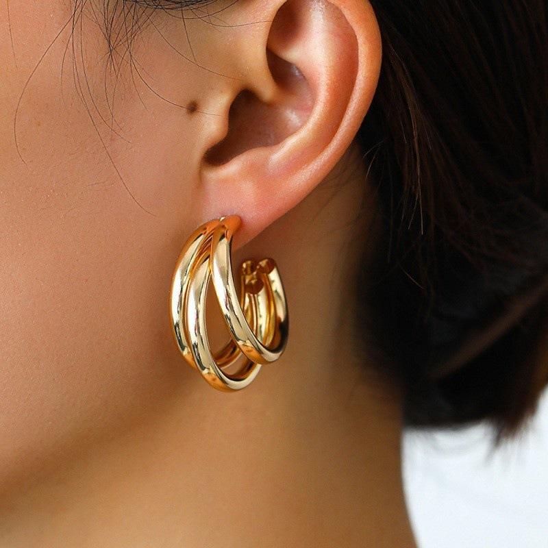 Gold Plated Triple Open Hoop Earrings Polished Shiny Surface Perfect For Daily Wear Office Party Travel