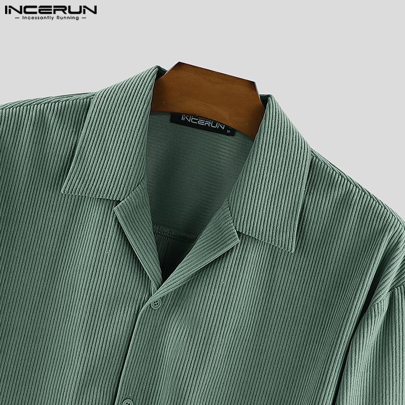 INCERUN Oversized Men Turn Down Collar Long Sleeve Texture Loose Casual Shirts Tops