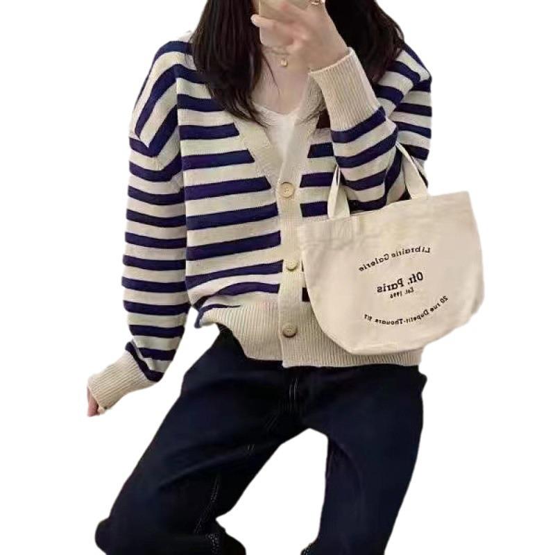 Korean Style Striped V-Neck Chic Knit Cardigan Sweater for Women