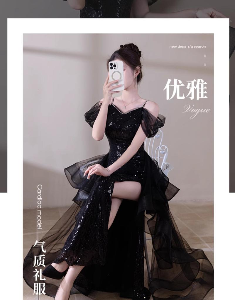 Black evening dress 1011 new banquet host sequined fishtail skirt light luxury niche bar mitzvah catwalk dress