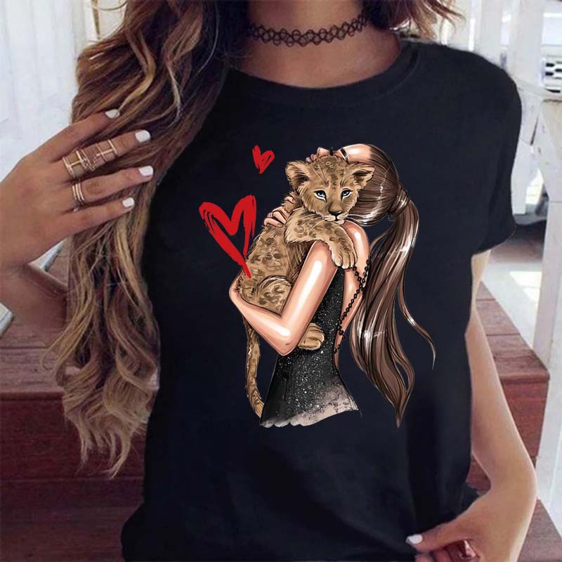 Women T Shirt Fashion Casual Female Print Shirt Loose Women Oneck Tops Harajuku 90s Girls Kawaii T Shirt Korean Style Clothes