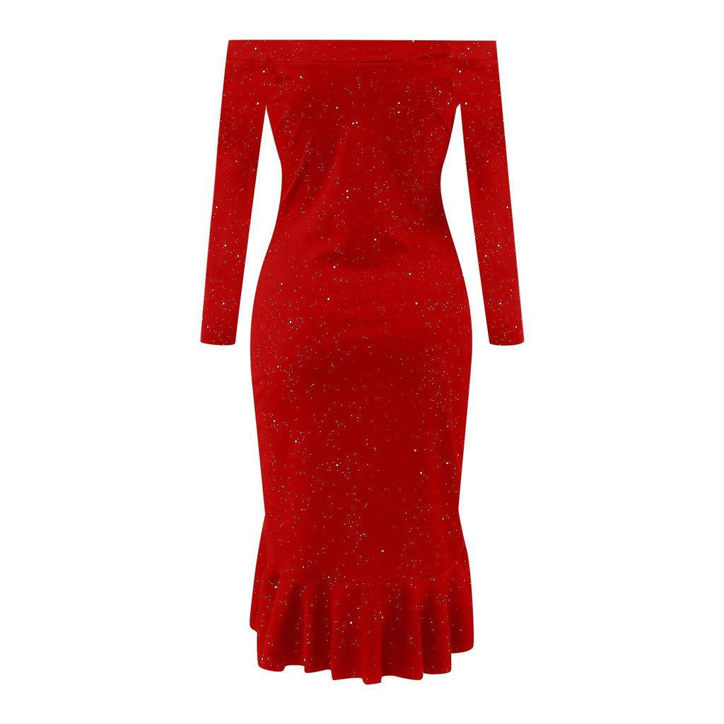 Women's Casual Sexy Solid Color One-Line Neck Ruffle Slit Sequin Dress