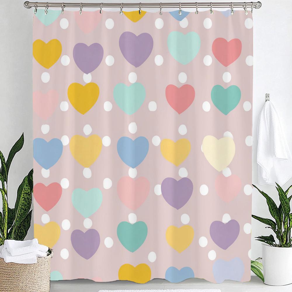 1Pc Heart Shaped Valentine S Day Shower Curtain - With Hooks Print Polyester Shower Curtain Bathroom Decoration Hanging Curtain