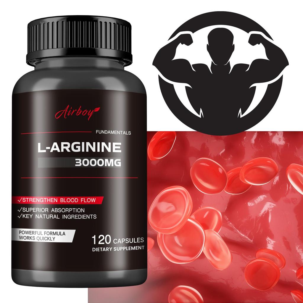 Airboy L-Arginine Nitric Oxide Supplement 3000mg promotes blood circulation and enhances nutrient delivery; suitable for adults.