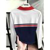 Women's Navy Contrast Color Spliced Long Sleeve T-Shirt Red Lapel Anchor Print Slim Fit Top