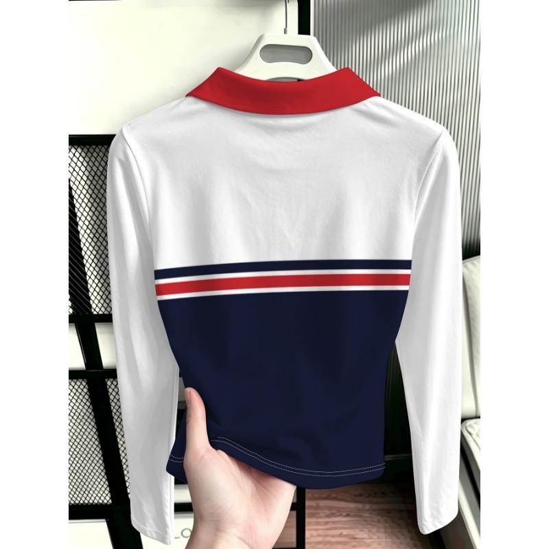 Women's Navy Contrast Color Spliced Long Sleeve T-Shirt Red Lapel Anchor Print Slim Fit Top