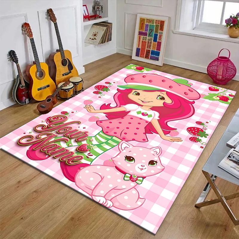 Princess Strawberry Design Area Rug Personalized Name- Non-Slip, Soft & Cozy Floor Mat for Living Room, Office - Indoor/Outdoor Carpet