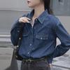 Women's Dark Blue Retro Denim Shirt Jacket – Small Size, Straight Shoulder, Perfect for Layering in Spring, Autumn, and Winter.