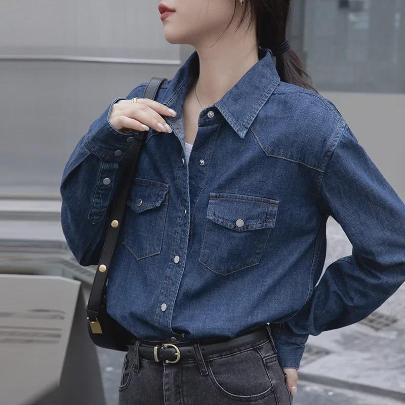 Women's Dark Blue Retro Denim Shirt Jacket – Small Size, Straight Shoulder, Perfect for Layering In Spring, Autumn, and Winter.