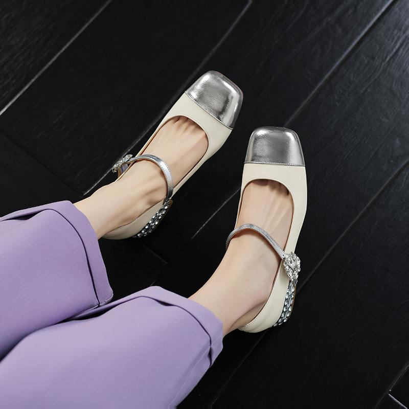 Krazing Pot Cow Skin Spring Summer Size 41 Thick Med Heels Women Square Toe Mixed Color Crystal Heels Pumps