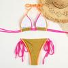 2ks/Sada Dámská Sada Plavek Halter Kostice Bez Vycpávky Podprsenka Řasené Kalhotky s Vysokým Pasem Bikini Set Patchworková Barva Plážové Oblečení