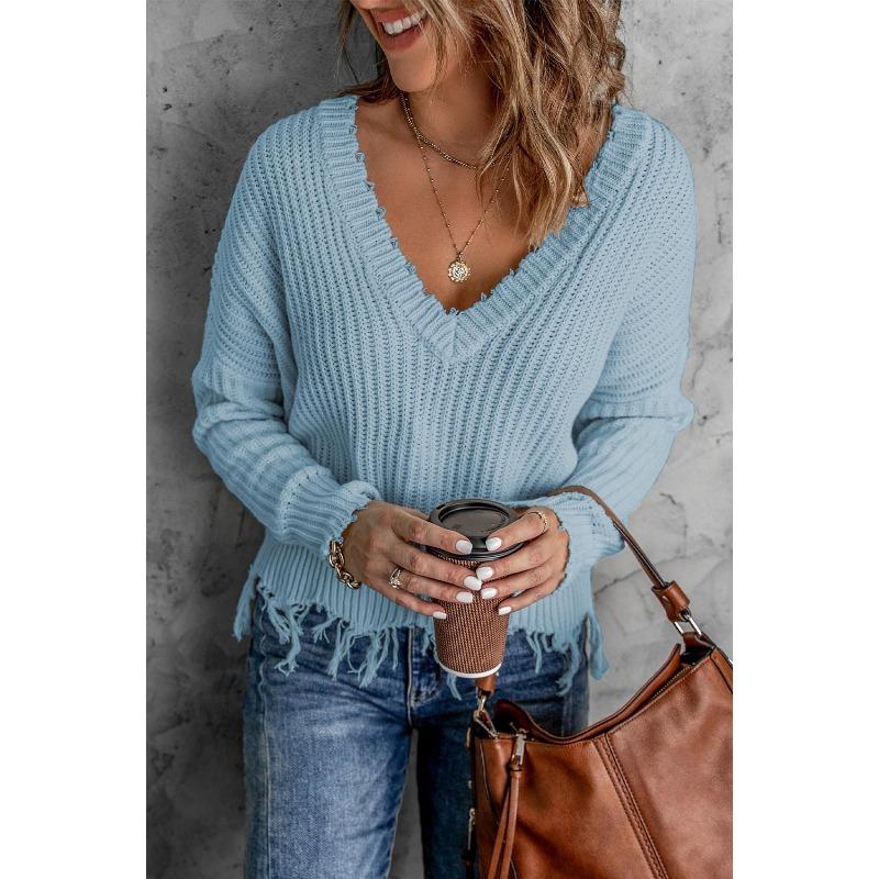 Autumn and Winter Fashion New Style Gray Cotton V-neck Long-sleeved Tassel Ripped Sweater, Casual Loose Blue Ladies Pullover Sweater  Top AL6101