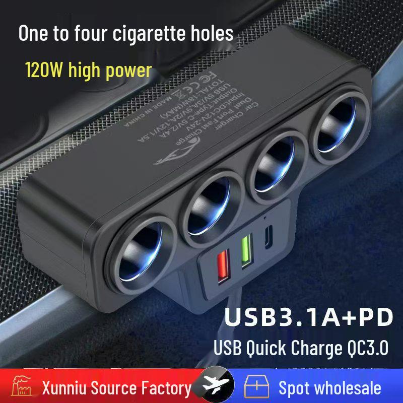 2025 Universal Car Charger: 4-Port Cigarette Lighter with QC3.0, USB, and PD Fast Charging for 12V/24V Vehicles