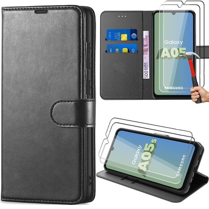 Coque de protection - BOOLING - pour Samsung Galaxy A05s - Antichoc - Simili cuir noir - Emplacements cartes