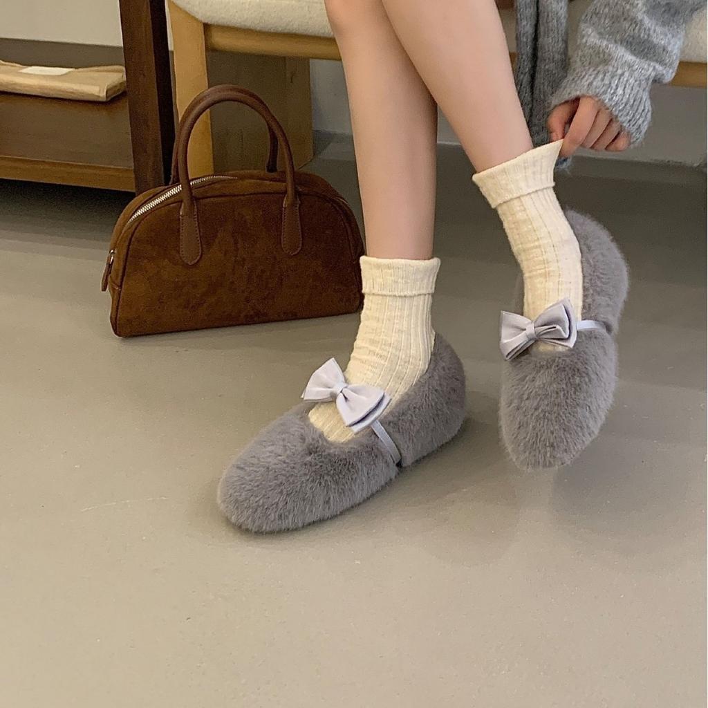 2025 Autumn and Winter New Round Head Fluffy Bow with Inner Slope Heel Velvet Versatile Mary Jane Women's Single Shoes