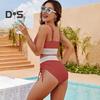 2-teiliges Bikini-Set für Damen, Farbblock, V-Ausschnitt, BH mit hoch taillierter Badehose, verstellbare Träger, Strandbademode