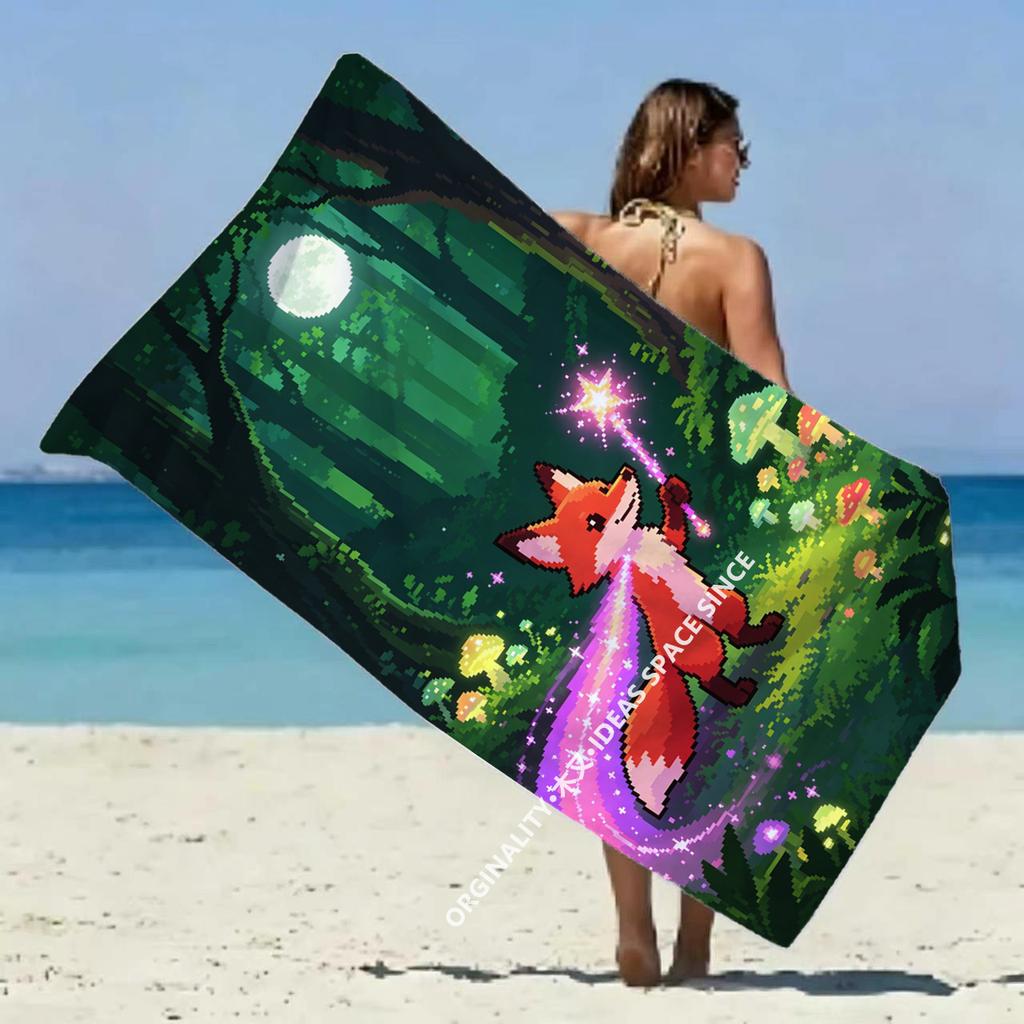 Magical Pixel Fox Forest Beach Towel Patterned Sunscreen And Windproof Suitable For Swimming Pool Camping Travel