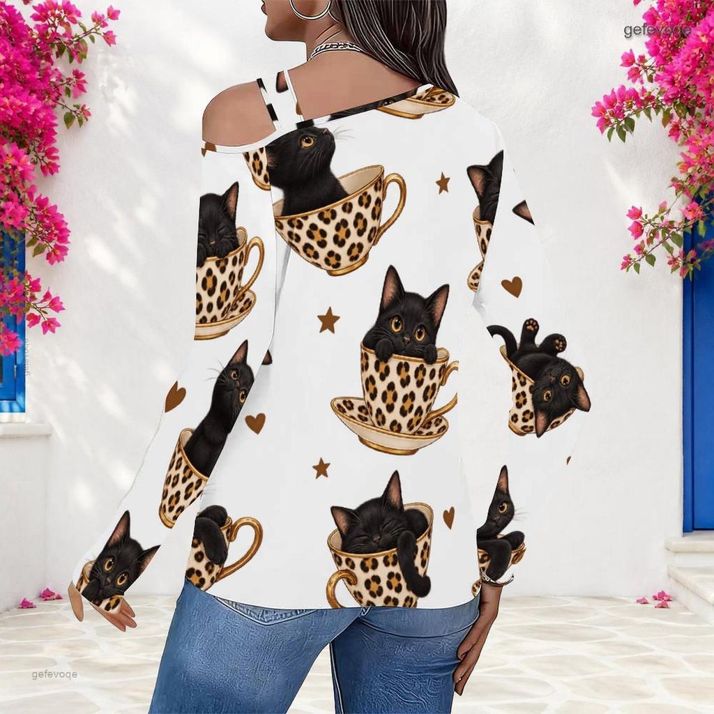 Women Plus Size Asymmetric Cutout Neck Cold Shoulder Long Sleeve Leopard Moth Print White Fitted Top