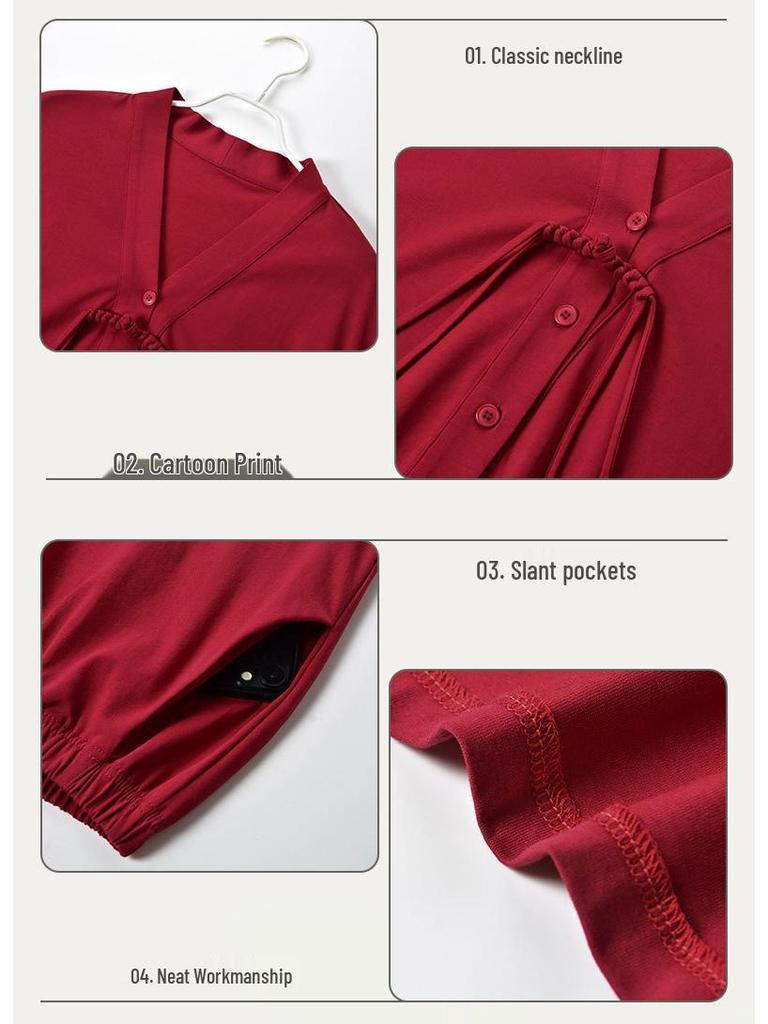 Damen Rotes V-Ausschnitt Baumwoll-Pyjama-Set - Langarm & Hose, Hautfreundlich, Bequemer Cardigan